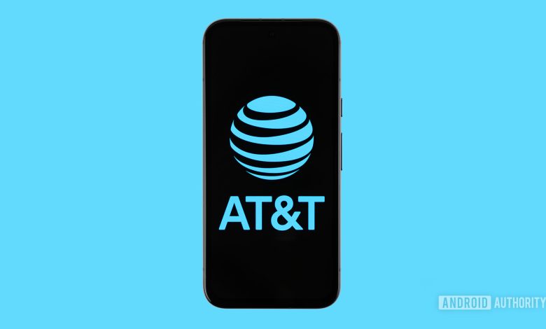 AT&amp;T logo on smartphone with blue background stock photo