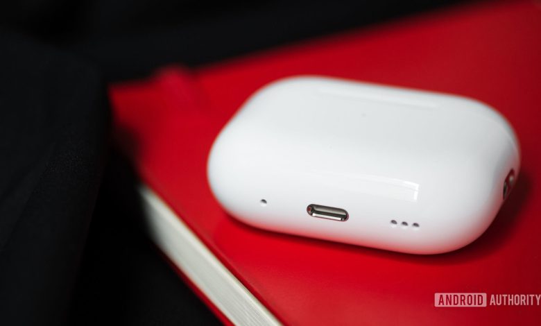 The Apple AirPods Pro (2nd generation) charging case with its Lightning input and speaker.