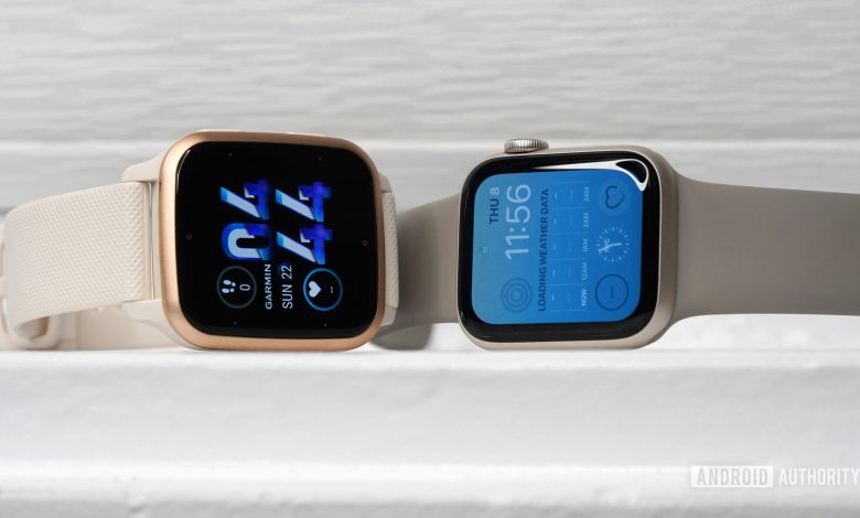 An Apple Watch SE faces off against a Garmin Venu SQ 2.