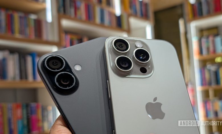 Apple iPhone 16 Plus in black color and iPhone 16 Pro in Natural Titanium color held out in hand, focusing on the camera