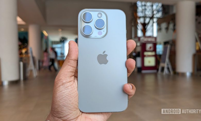 Apple iPhone 16 Pro in Natural Titanium color held out in hand