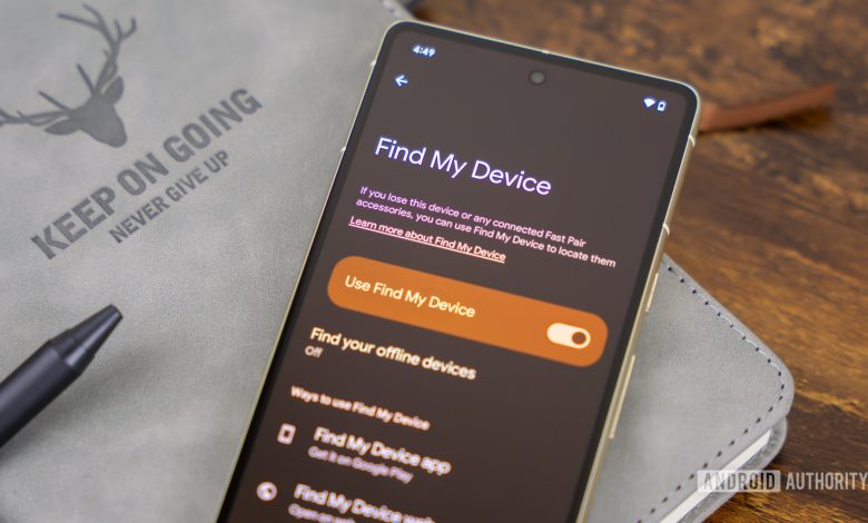 Google Find My Device settings on smartphone screen stock photo