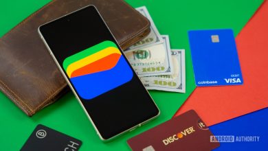 Google Wallet logo on smartphone next to credit cards and cash Stock photo 4