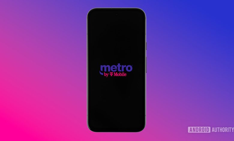 Metro by T Mobile logo on smartphone with colored background stock photo