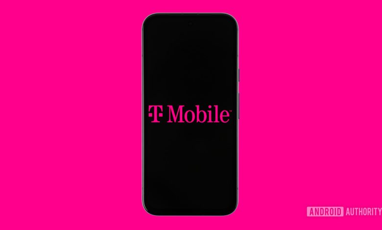 T Mobile logo on smartphone with colored background stock photo