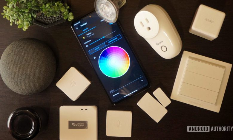 Assorted smart home products on a table