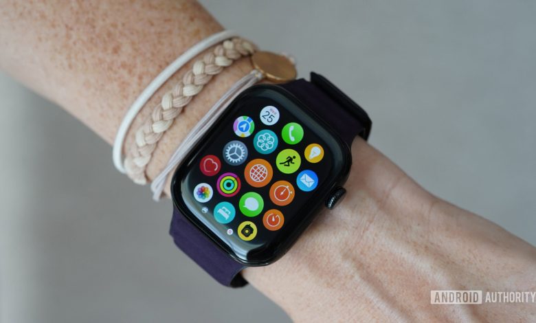 An Apple Watch Series 10 on a user's wrist displays the App Library.