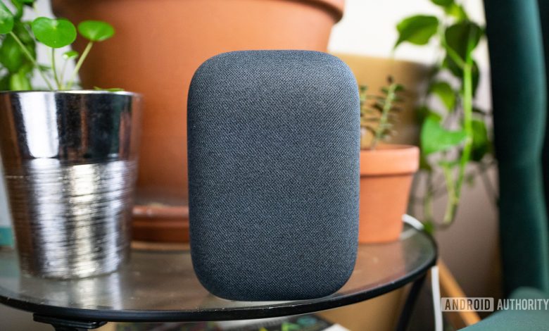 Google Nest Audio pictured on glass table with plants