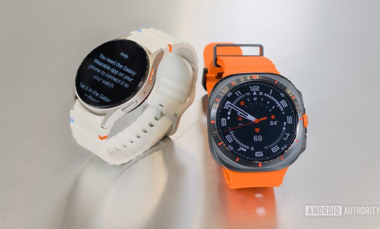 Samsung Galaxy Watch Ultra and Samsung Galaxy Watch 7 on Table Next to Each Other