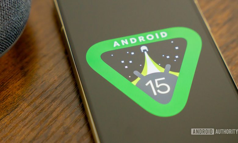 Android 15 logo on smartphone on bedside table stock photo (23)