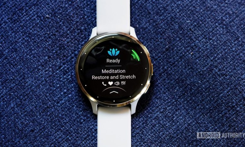 A Garmin Venu 3 displays the Meditation activity screen.