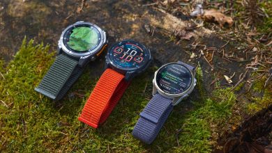 Three Garmin fenix 8 devices rest on a mossy surface.