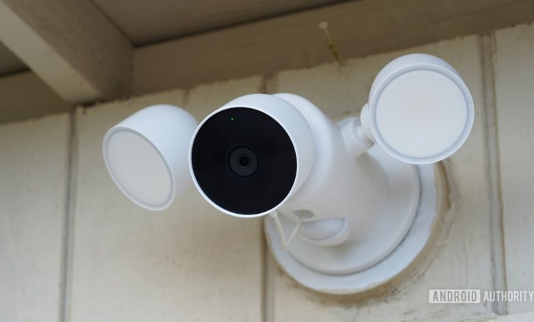 A Google Nest Cam with Floodlight is attached to a shed.