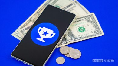 Google Opinion Rewards logo on smartphone next to money Stock photo 2