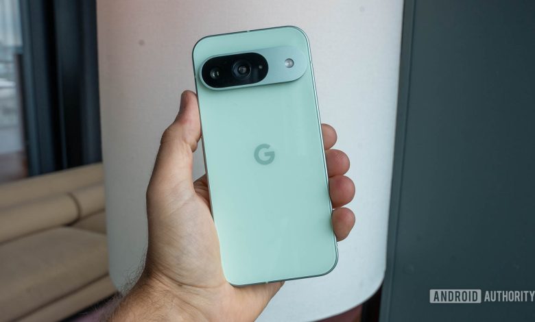 Google Pixel 9 in Wintergreen color held in person's left hand showing back