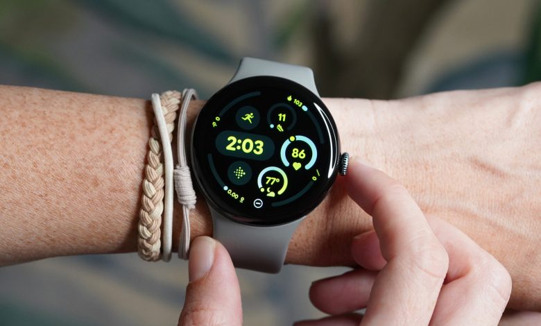 A 45mm Google Pixel Watch 3 on a user's wrist displays the watch face.