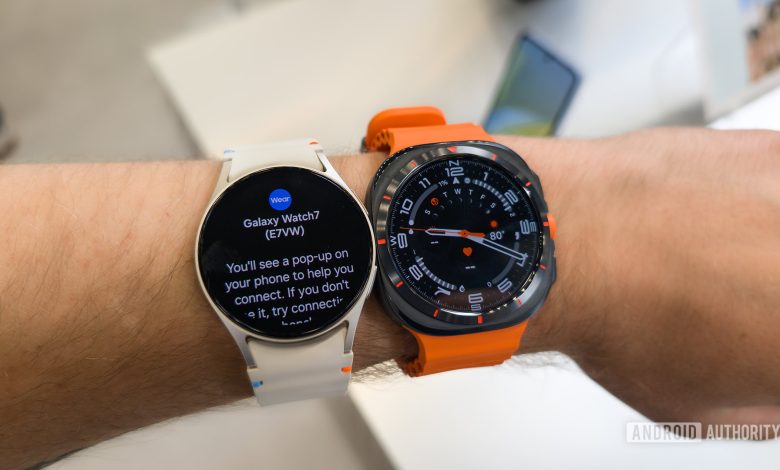 Samsung Galaxy Watch Ultra and Galaxy Watch 7 on Male Wrist Side By Side