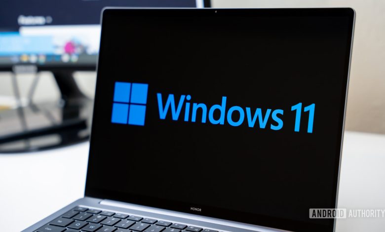 Windows 11 logo on laptop stock photo (3)