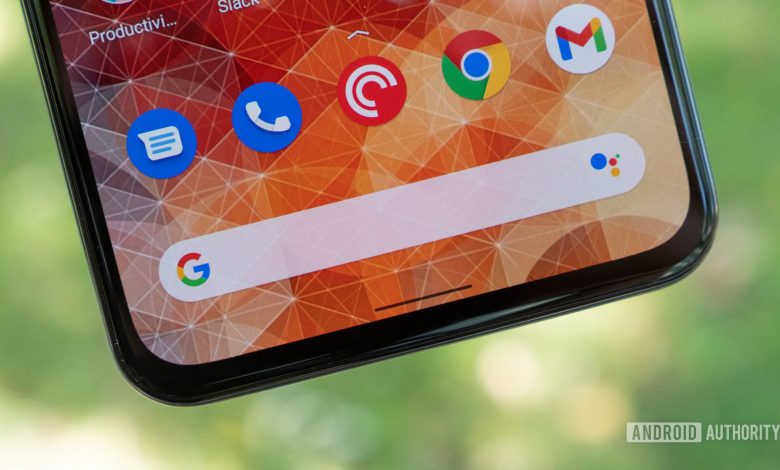 the google pixel 5a home screen showing a close up of the google search bar