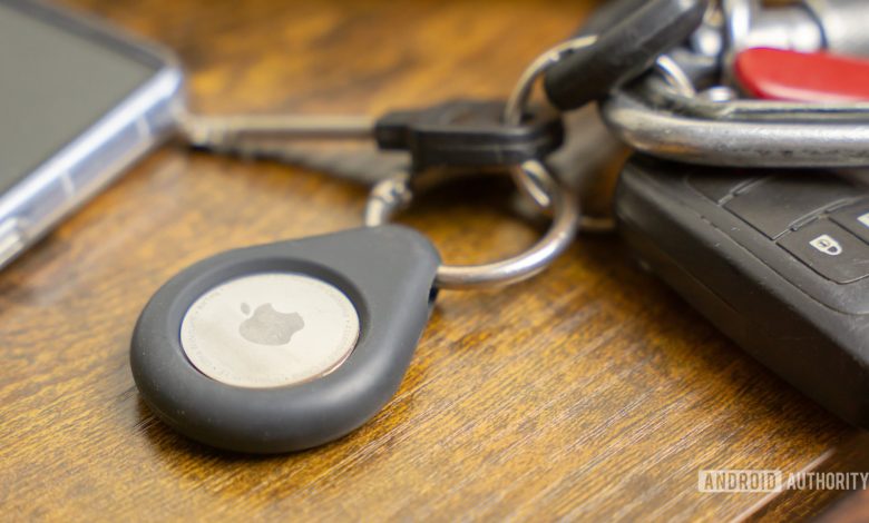 Apple AirTag on keychain stock photo