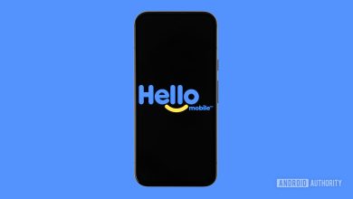 Hello Mobile logo on smartphone with colored background stock photo