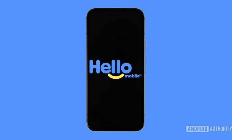 Hello Mobile logo on smartphone with colored background stock photo