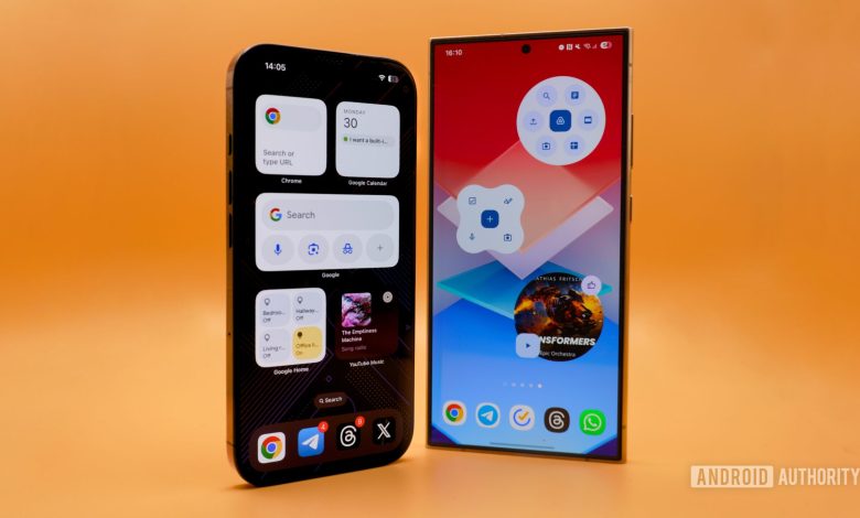 An iPhone 16 Pro and Galaxy S24 Ultra demonstrating the differences btween Google's widgets