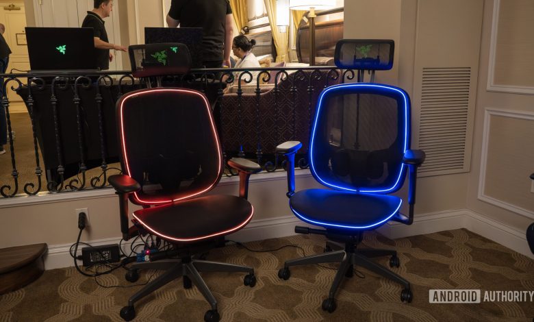 Razer Project Arielle chairs one lit red and one lit blue