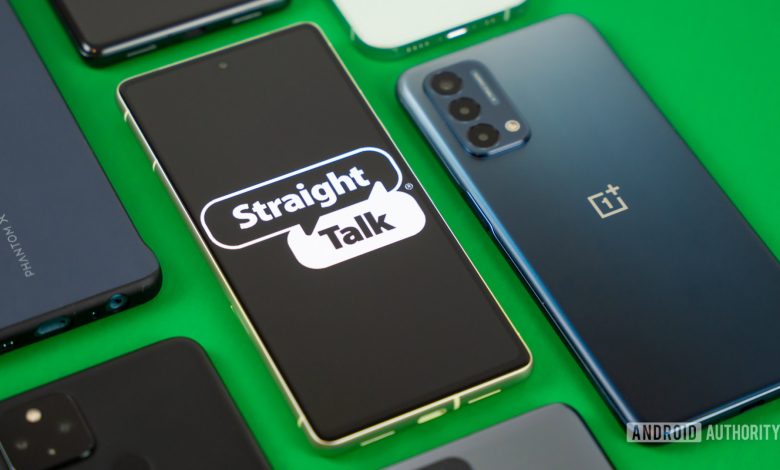 Stock photo of Straight Talk logo on phone with many devices 5